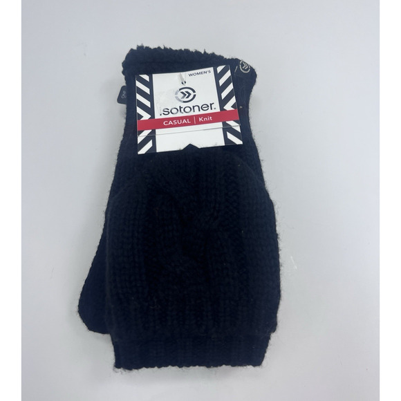 Isotoners Women's Mittens Fingerless Flaps Casual Knit Black Convertible - Picture 1 of 6